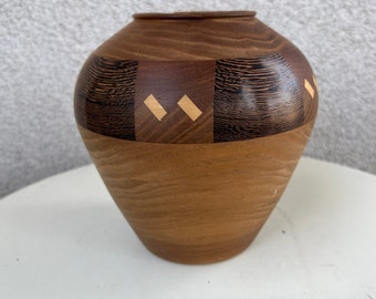 Vintage wood art inlaid turned woods vase vessel made of sassafras, holly & Wenge