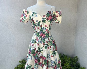 Vintage 80s boho colorful cotton cream floral dress with attached petticoat Sz 5/6 XS by Roberta