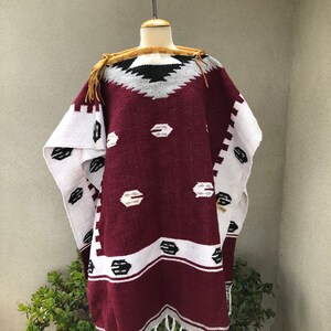 Vintage Mexican Blanket Poncho white burgundy boho print collar leather trim one size image 7