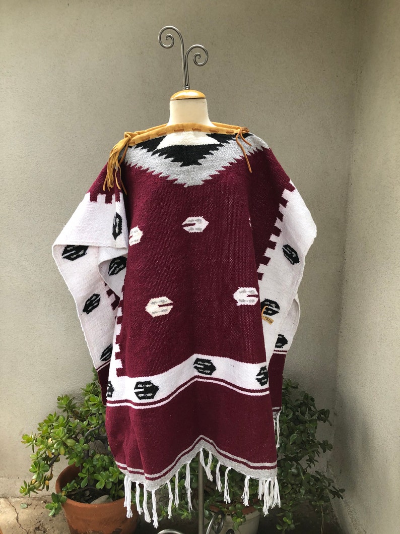 Vintage Mexican Blanket Poncho white burgundy boho print collar leather trim one size image 7