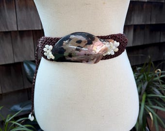 Vintage boho shells belt woven brown rope tie closure size S/M.
