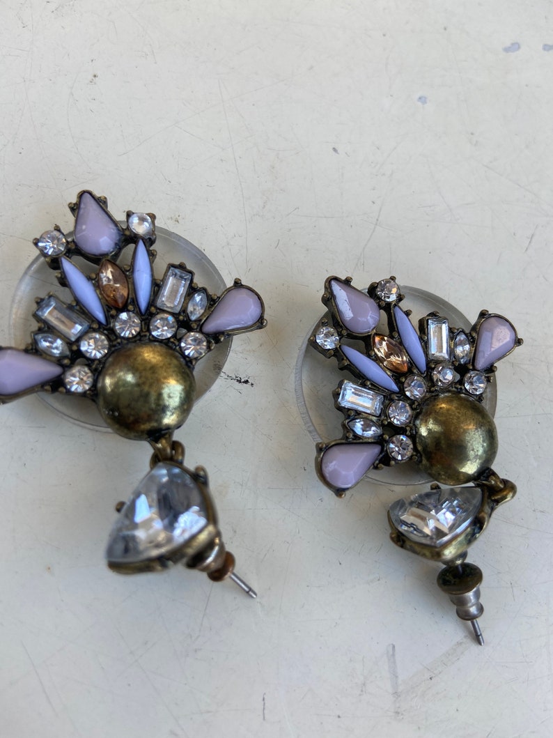 Vintage Art Deco style dangle earrings rhinestone stones plastic brass pierced by Baublebar 3 1/4 image 5