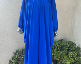 Vintage 80s Royal Blue Kaftan: Silver Sequins Trim, OS