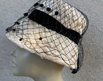 Vintage bucket ivory faux straw hat black velvet netting band size 20 Marston’s Vintage Ivory Faux Straw Bucket Hat: Black Velvet Netting  main image 4