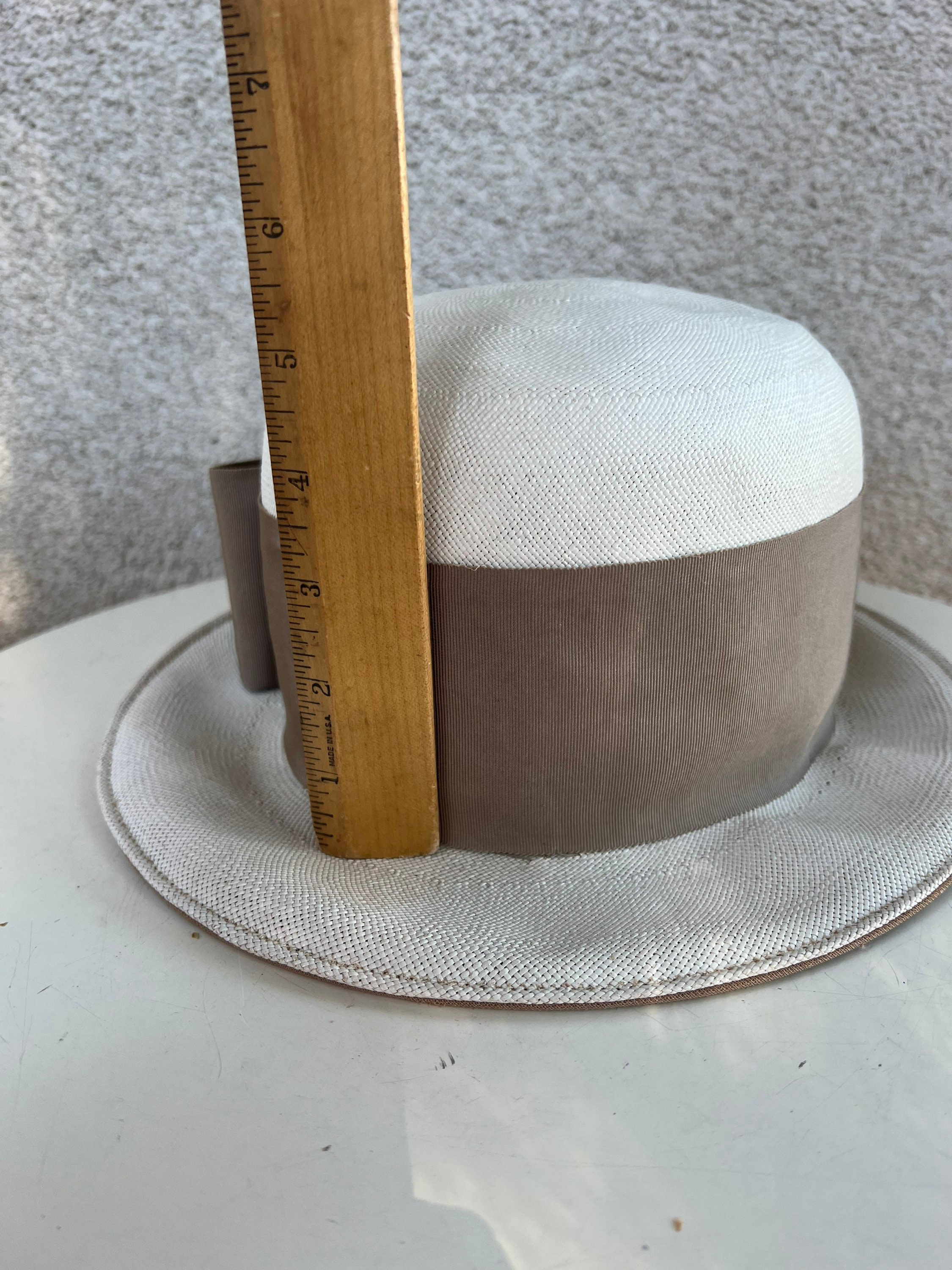 Vintage white straw bowler style hat taupe grosgrain ribbon pin 22 Bullocks White Straw 1960s Vintage Hats for Women for sale | eBay main image 3