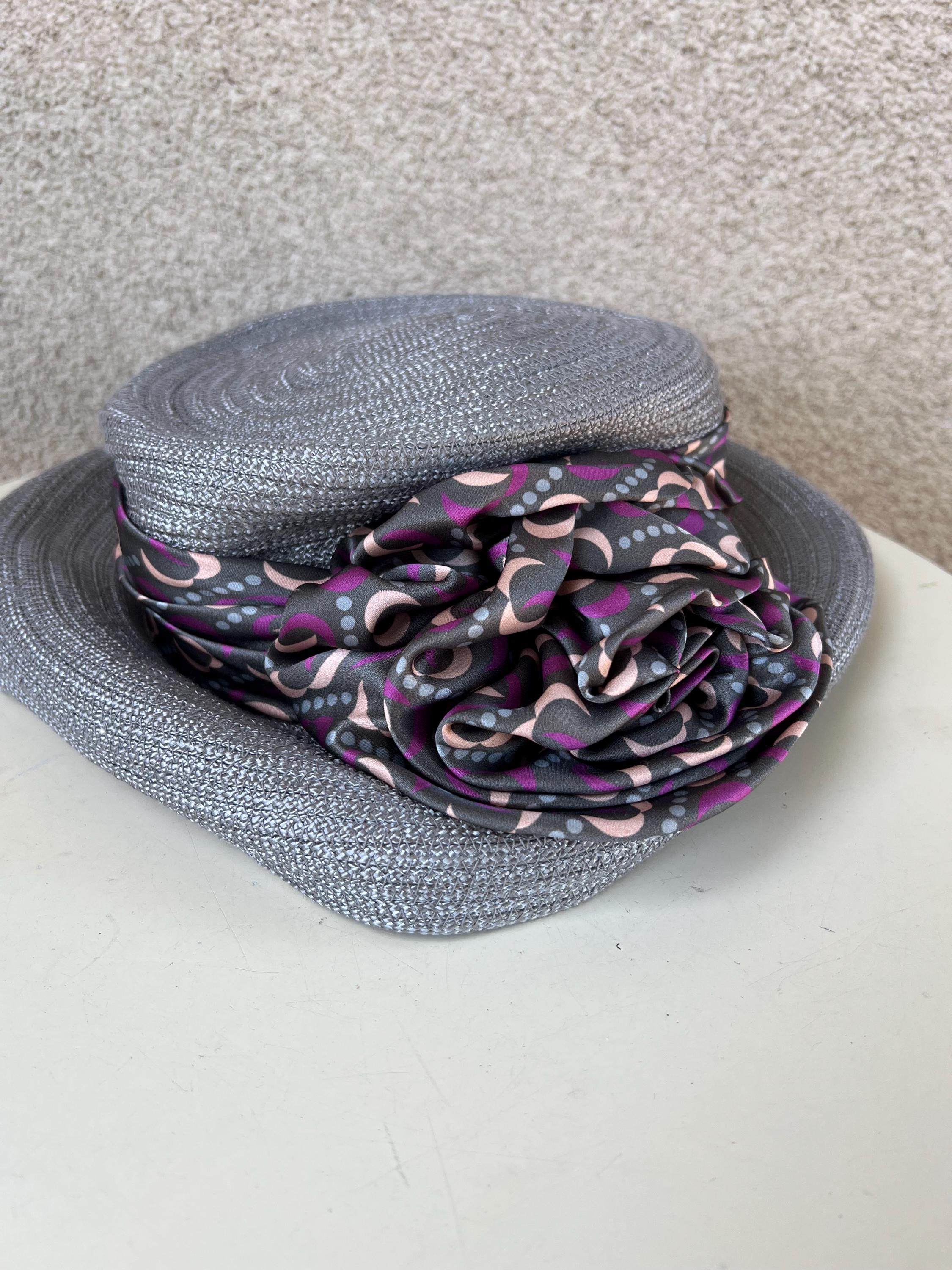 Vintage soft heavy weave fabric grey hat brim boater with multi color silk bow Vintage Grey Boater Hat With Silk Bow - Designer Millinery  main image 2