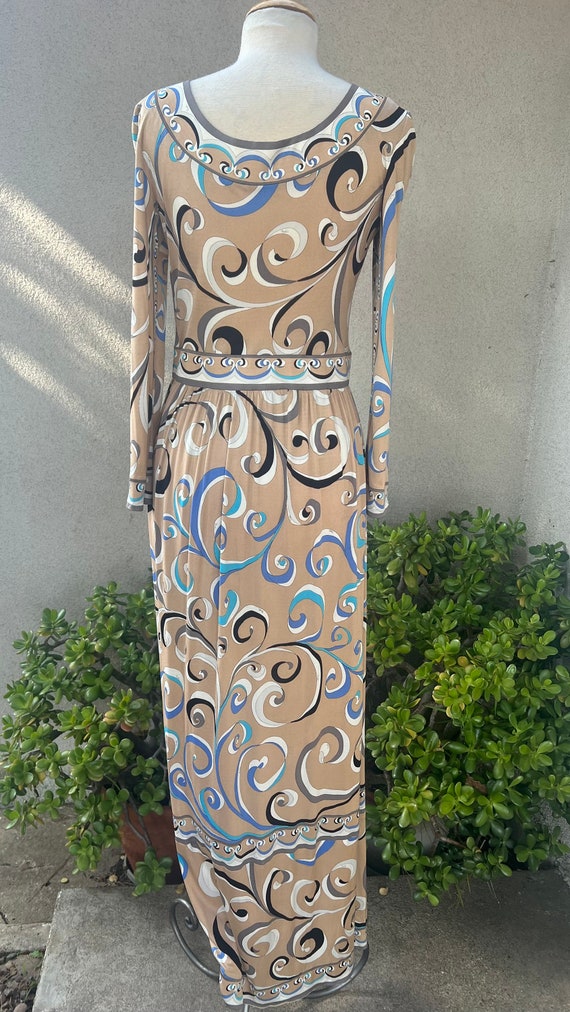 Vintage 70s Emilio Pucci Classic Maxi Dress Silk Polyester Blend Jersey Beige Blue Black Print Size Small Etsy