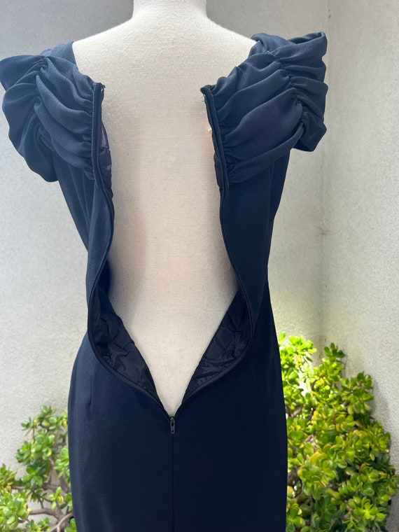 Vintage 1970s midi black dress ruched bodice Pear… - image 9