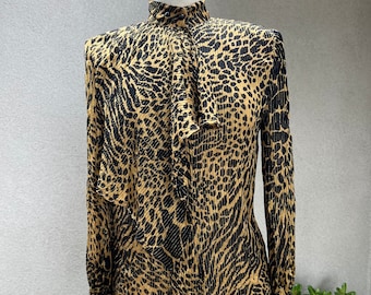 Vintage 80s glam animal print silk sheer blouse shawl collar Sz 6 by Lillie Rubin