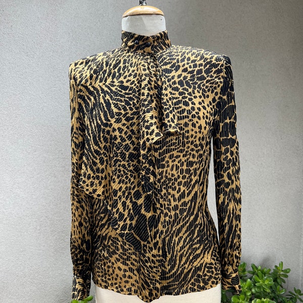 Vintage 80s glam animal print silk sheer blouse shawl collar Sz 6 by Lillie Rubin