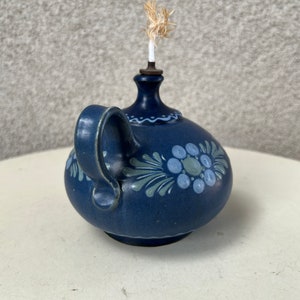 Vintage cottage chic blue green floral Mini pottery oil lamp signed image 3
