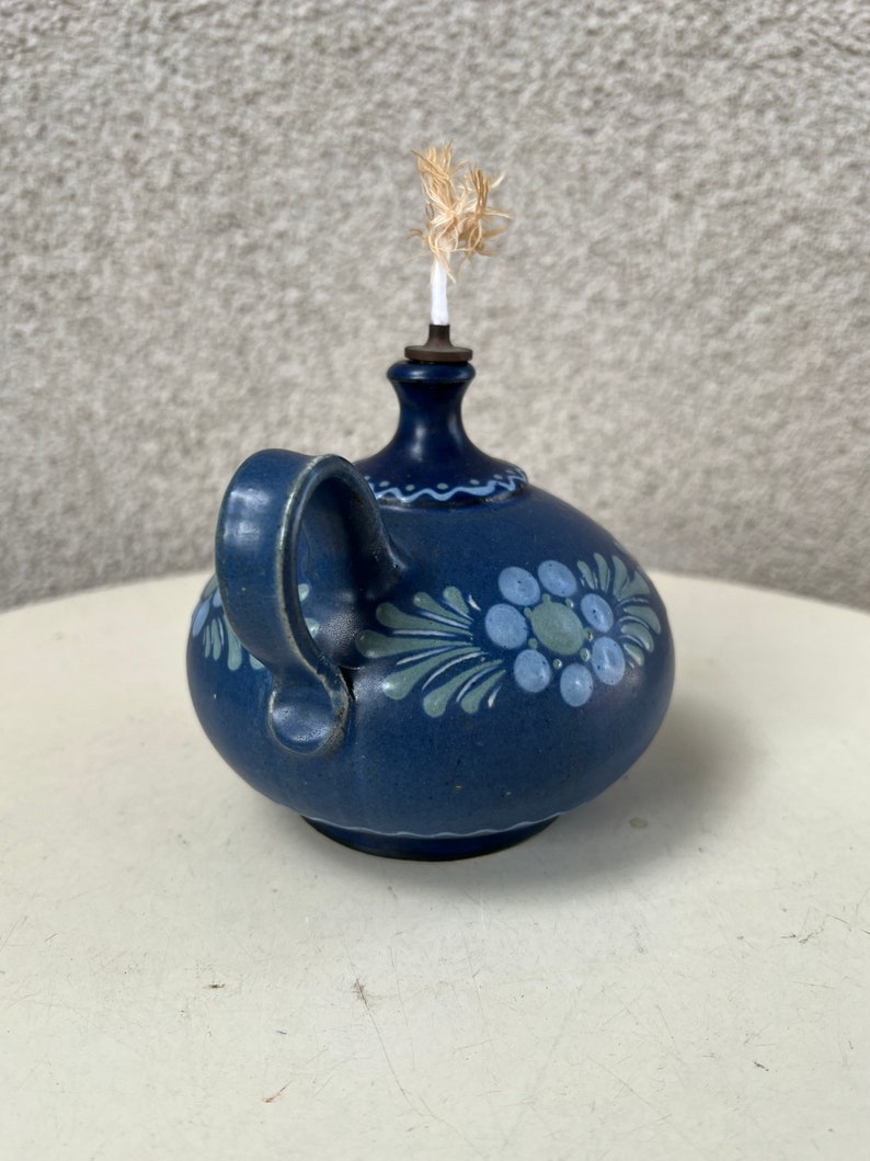 Vintage cottage chic blue green floral Mini pottery oil lamp signed image 3