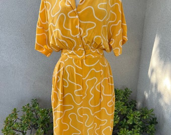 Vintage 80s preppy silk dress yellow white print Sz 11/12 by Simac