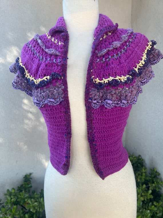 Vintage boho hand knit crochet vest top purples s… - image 8