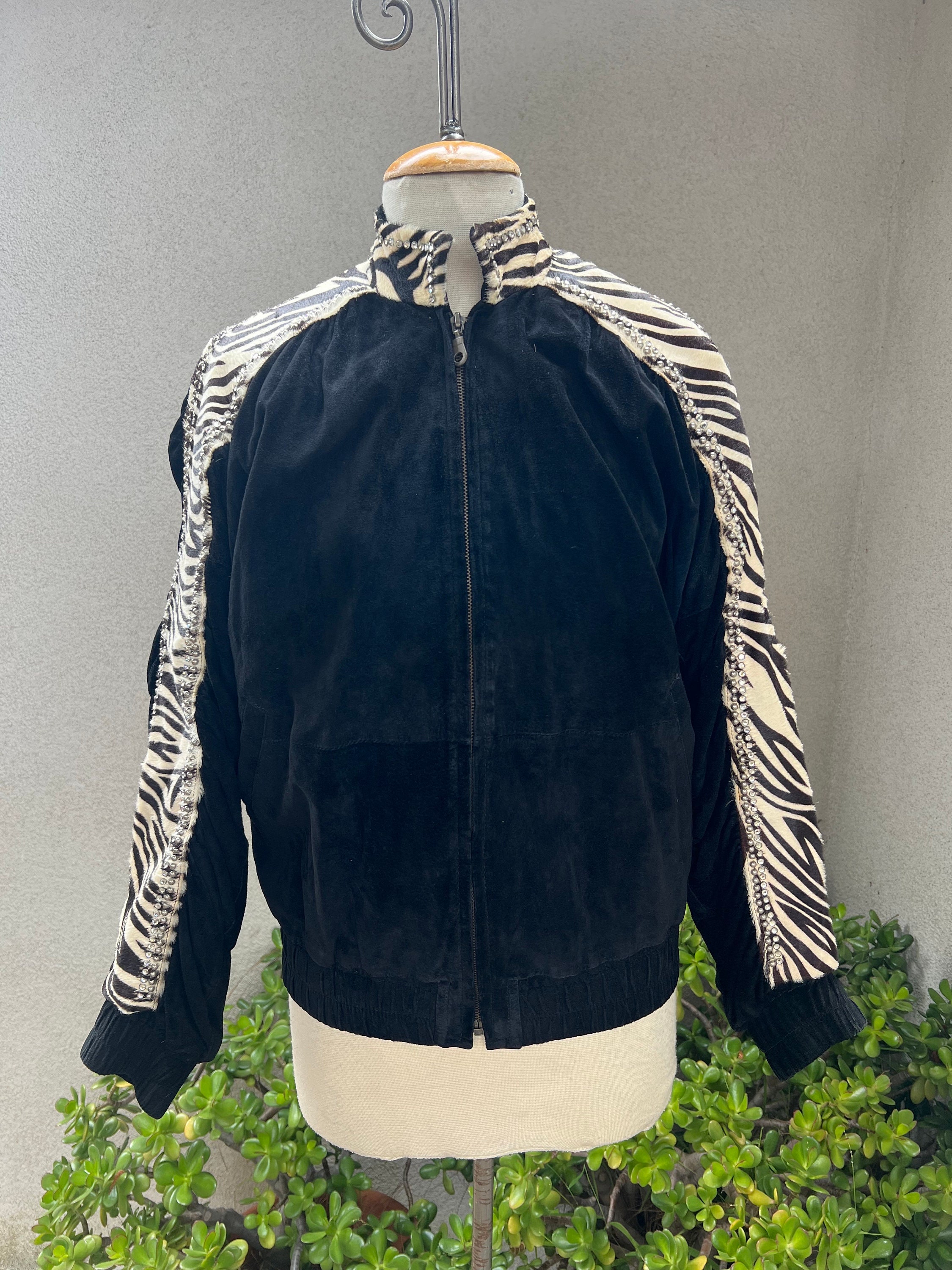 Vintage Kippys Bomber Jacket Black Suede Leather Zebra Print Fur 