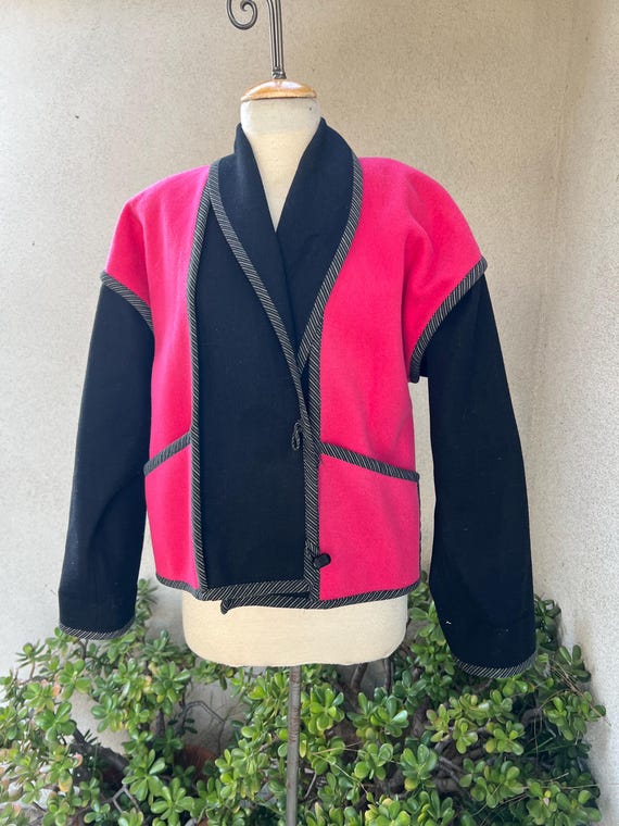 Vintage 80s New Wave Jacket Pink Black Wool With Pockets Sz M by