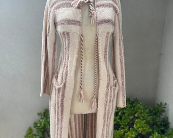 Vintage boho knit duster long cardigan sweater stripes brown beige Sz S/XS International