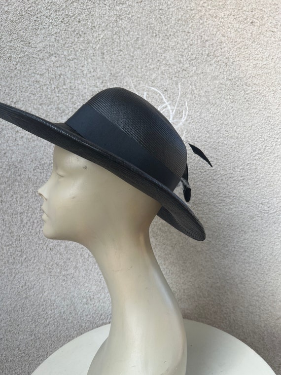 Vintage formal hat brim boater black straw sinawa… - image 4