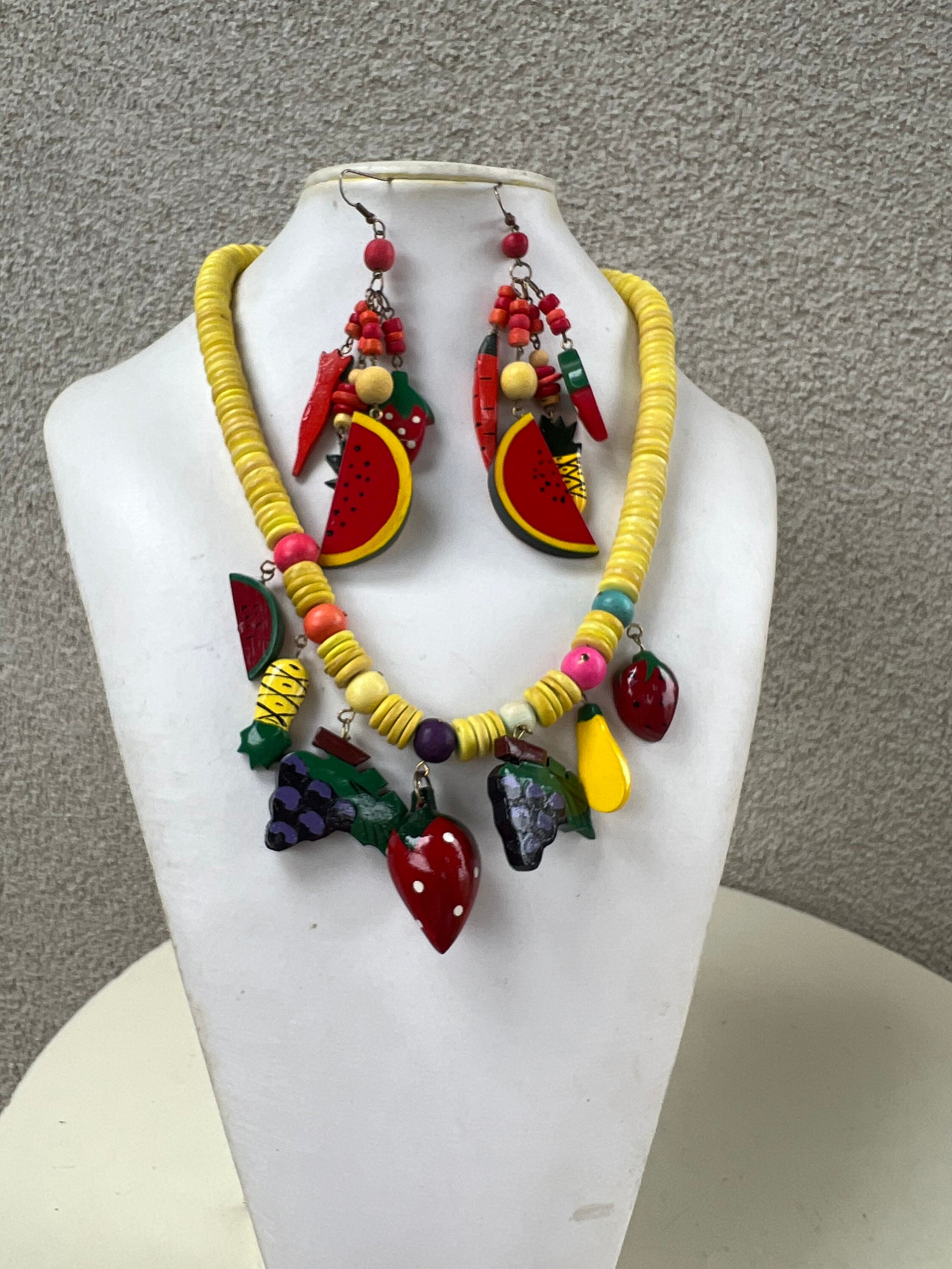 Vintage Boho Kitsch Tropical Colorful Fruits Wood Necklace With Dangle  Earrings -  Canada