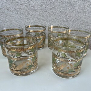 Vintage MCM Culver rock tumbler glasses set 6 grapevine leaves green & blue gold rims barware image 10