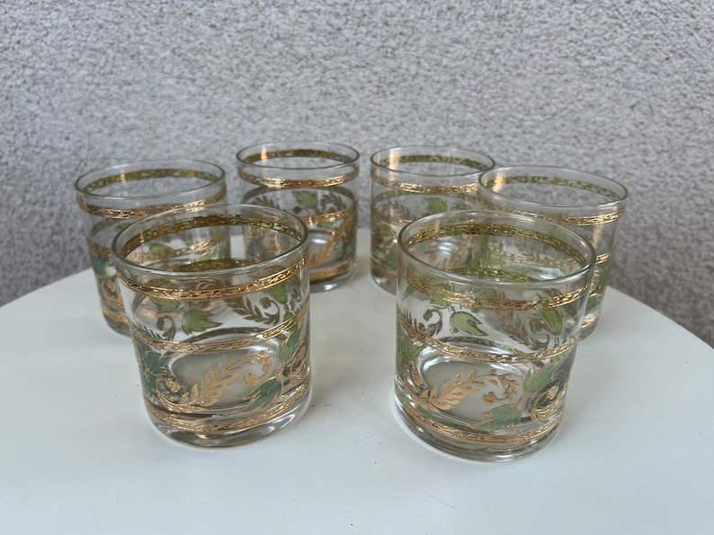 Vintage MCM Culver rock tumbler glasses set 6 grapevine leaves green & blue gold rims barware image 10