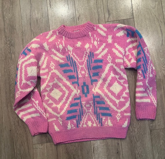 Vintage 80s wool knit sweater pink blue white pul… - image 9