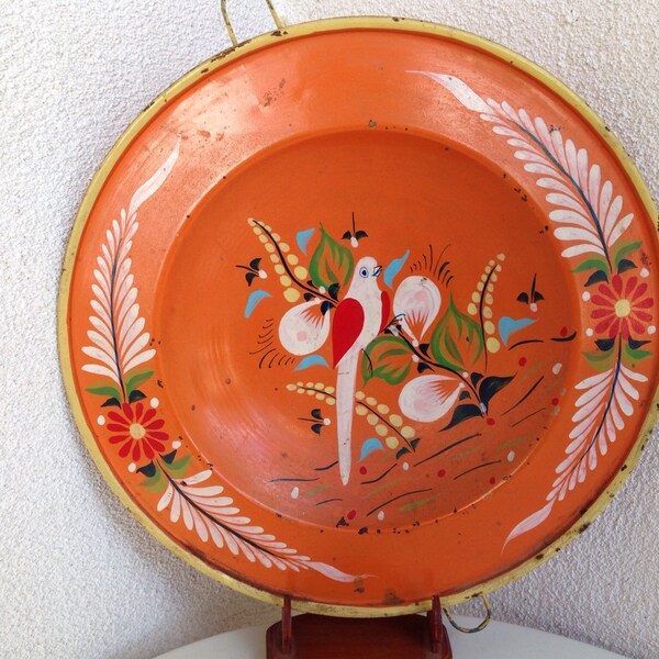 Mexican metal painted Plate for wall hanging Bright orange with handpainted bird theme 1960