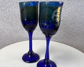 Vintage cobalt blue tall wine chalice glasses set 2 signed hand blown