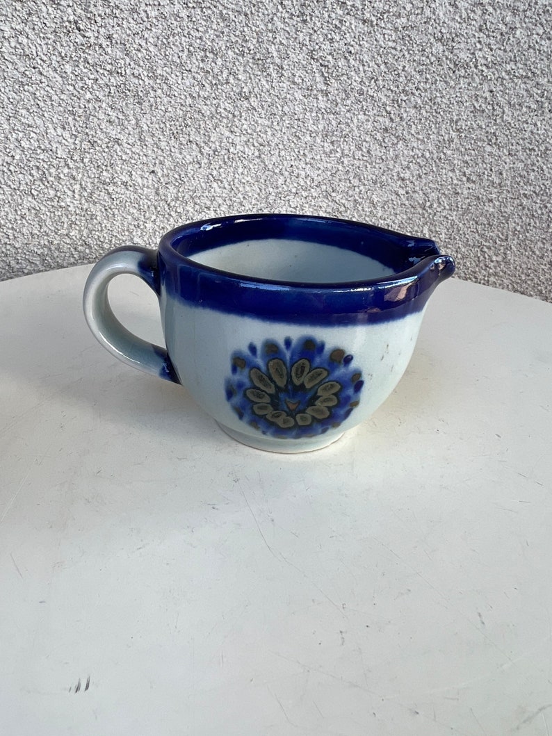 Vintage Mexican pottery small creamer pitcher floral blues grey by Ken Edwards size 3 image 4