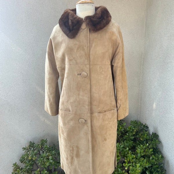 Vintage 60s tan suede leather coat with mink fur collar Small medium