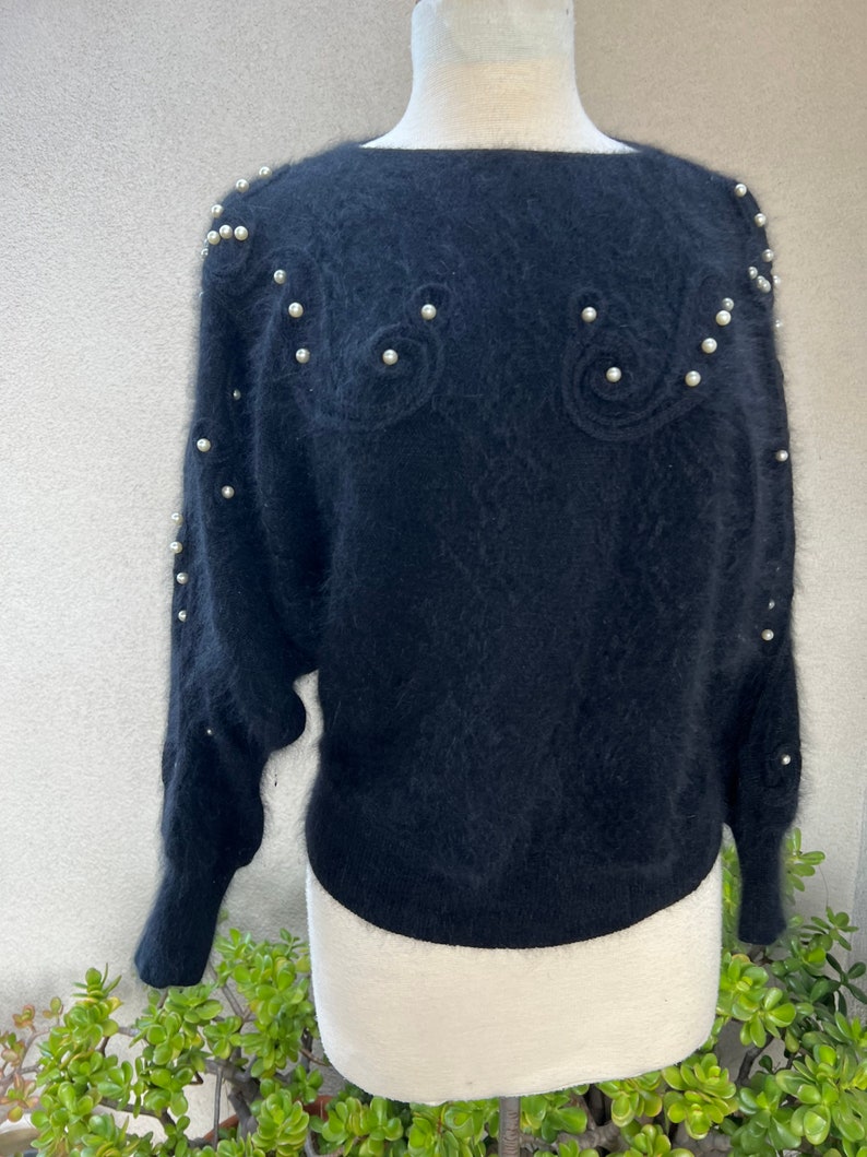 Vintage glam black angora wool pullover textured sweater with pearls embellishments S/M by Jessica California image 6