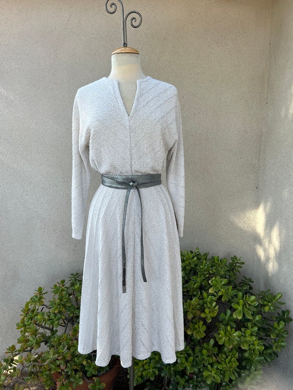 Vintage 70s taupe grey knit dress with faux leath… - image 1