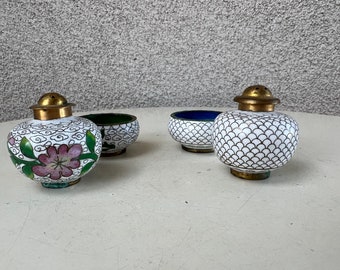 Vintage petite Chinese salt cup and pepper shakers set 2 white cloisonné metal