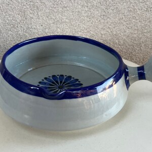 Vintage Ken Edwards large pottery soup bowl with handle blue flower accents size 8.5 x 3.5 image 4