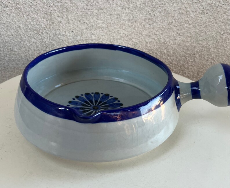 Vintage Ken Edwards large pottery soup bowl with handle blue flower accents size 8.5 x 3.5 image 4