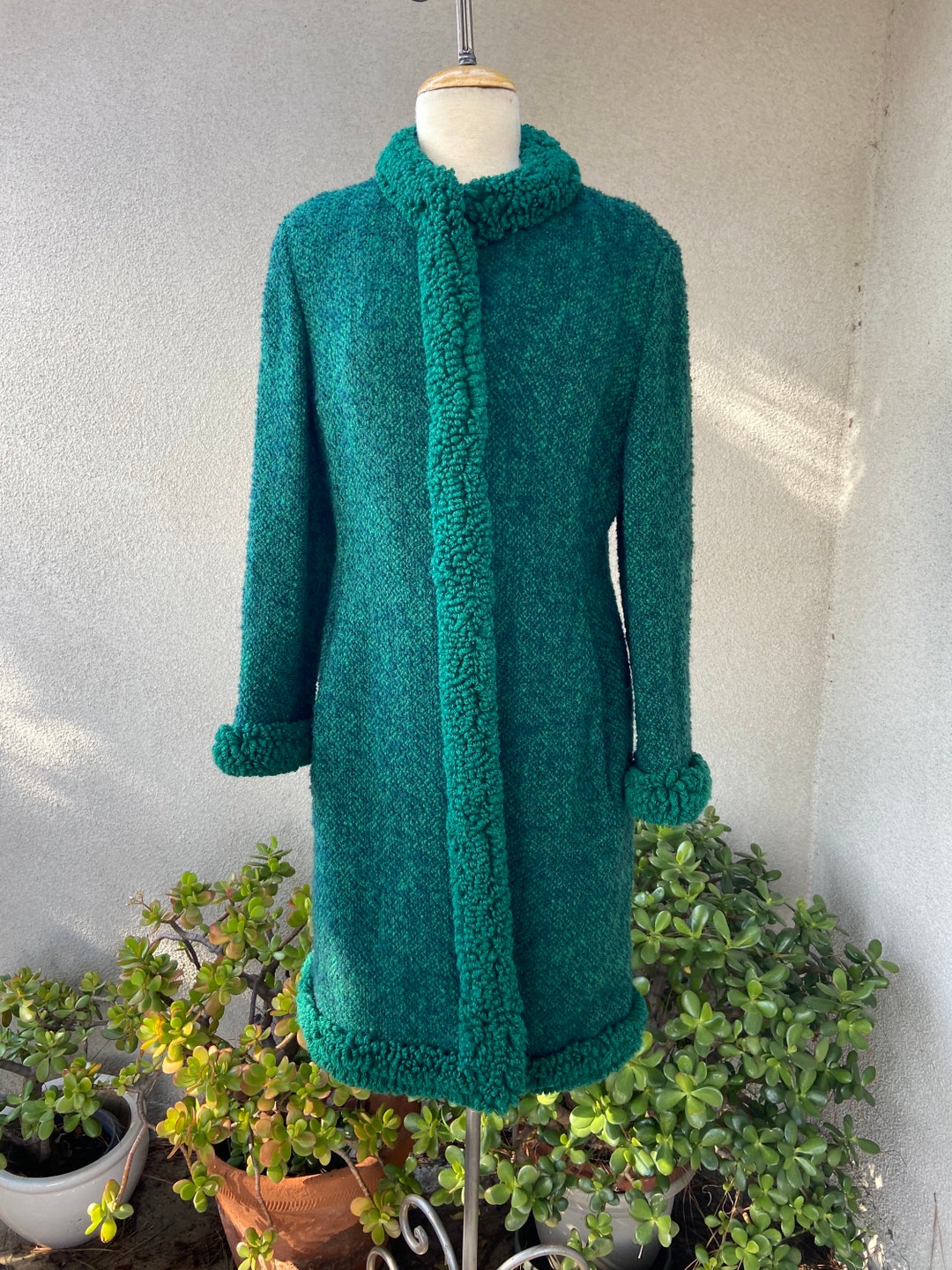 Vintage Wool Tweed Blue Green Coat Wooly Thick Yarn Trim Pockets by