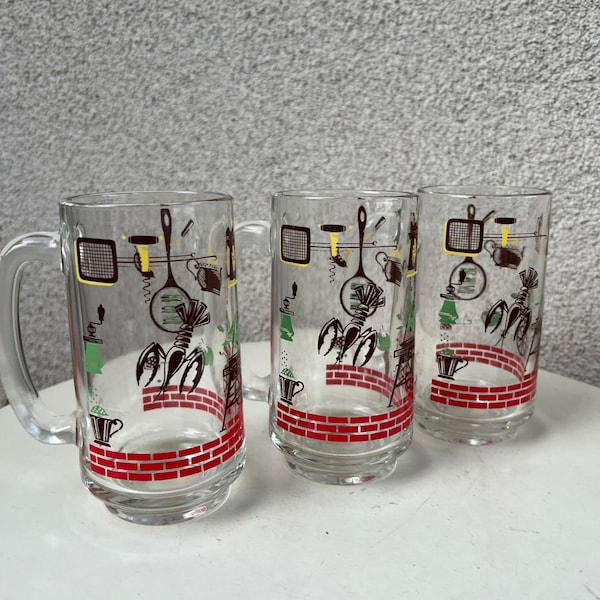 Vintage mid century glass beer mug BBQ theme by Hazel Atlas set of 3 mugs steins