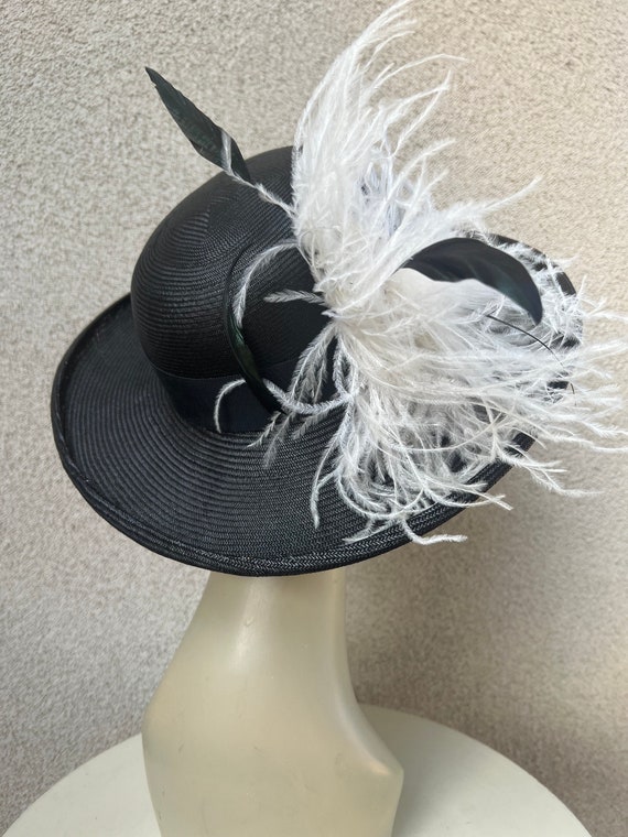 Vintage formal hat brim boater black straw sinawa… - image 2