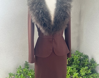 Vintage 70s brown suit peplum jacket pencil skirt boa fur collar Small by Adde California