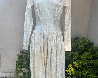 Vintage Wedding midi dress white satin brocade handmade Sz XXS