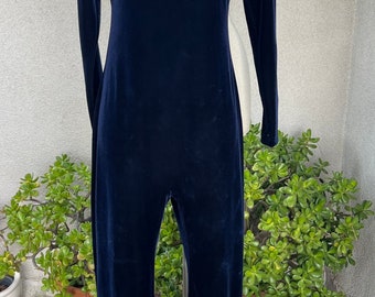 Vintage 90s navy blue velveteen catsuit jumpers pant Small by Moda International