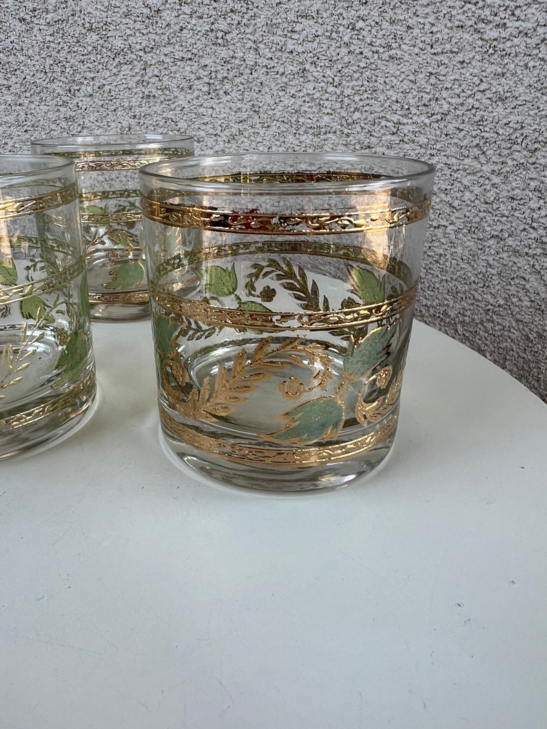 Vintage MCM Culver rock tumbler glasses set 6 grapevine leaves green & blue gold rims barware image 9