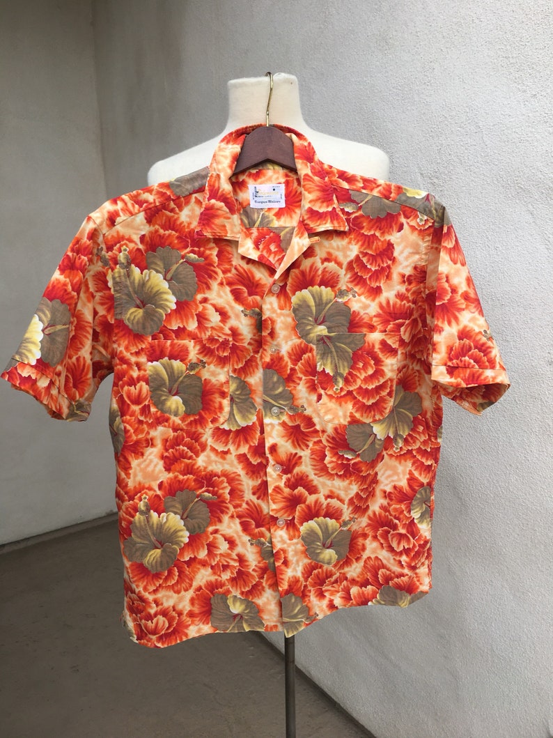 Vintage Hawaiian Shirt Orange Hibiscus Flower by Polynesian of | Etsy