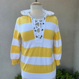 Vintage Ralph Lauren striped yellow white top lace up neckline hood sz S image 6