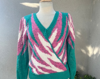 Vintage 80s Christine knit top teal pink white fur Sz M