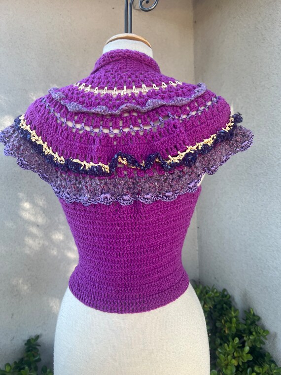 Vintage boho hand knit crochet vest top purples s… - image 2