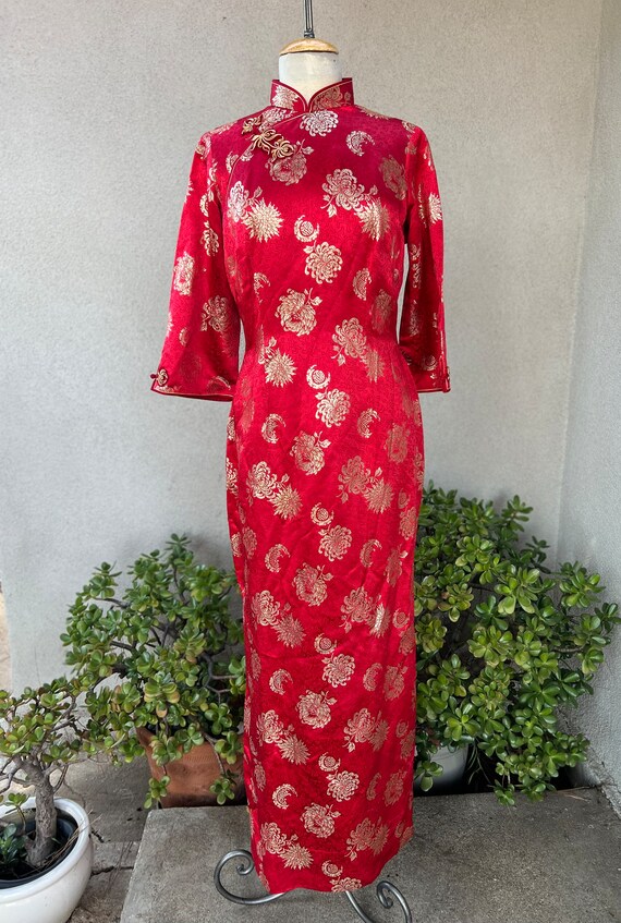 Vintage Asian mandarin Cheongsam long dress red gold … Gem