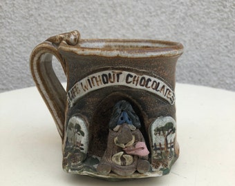 SALE Vintage kitsch pottery coffee brown mug with troll 3D figure “Life without Chocolate “