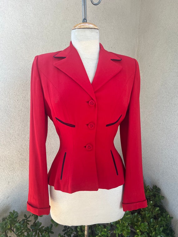 Vintage 1950s blazer jacket peplum style red wool… - image 7