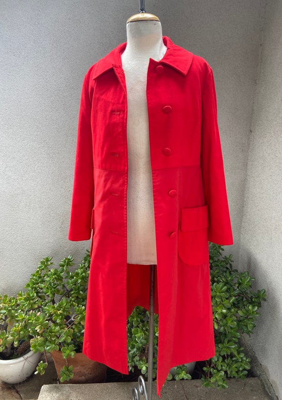 Vintage Mod red button coat lined pockets belt  s… - image 9